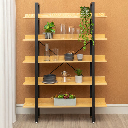 Laxton Light Oak Effect 5 Tier Large Shelf Unit with Black Finish Frame