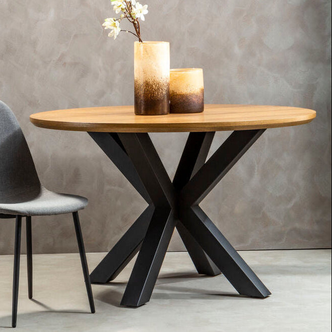 Salford Natural Wood Veneer Top Round Dining Table With Black Metal Legs