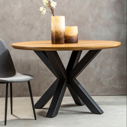 Salford Natural Wood Veneer Top Round Dining Table With Black Metal Legs