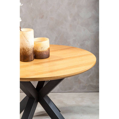 Salford Natural Wood Veneer Top Round Dining Table With Black Metal Legs