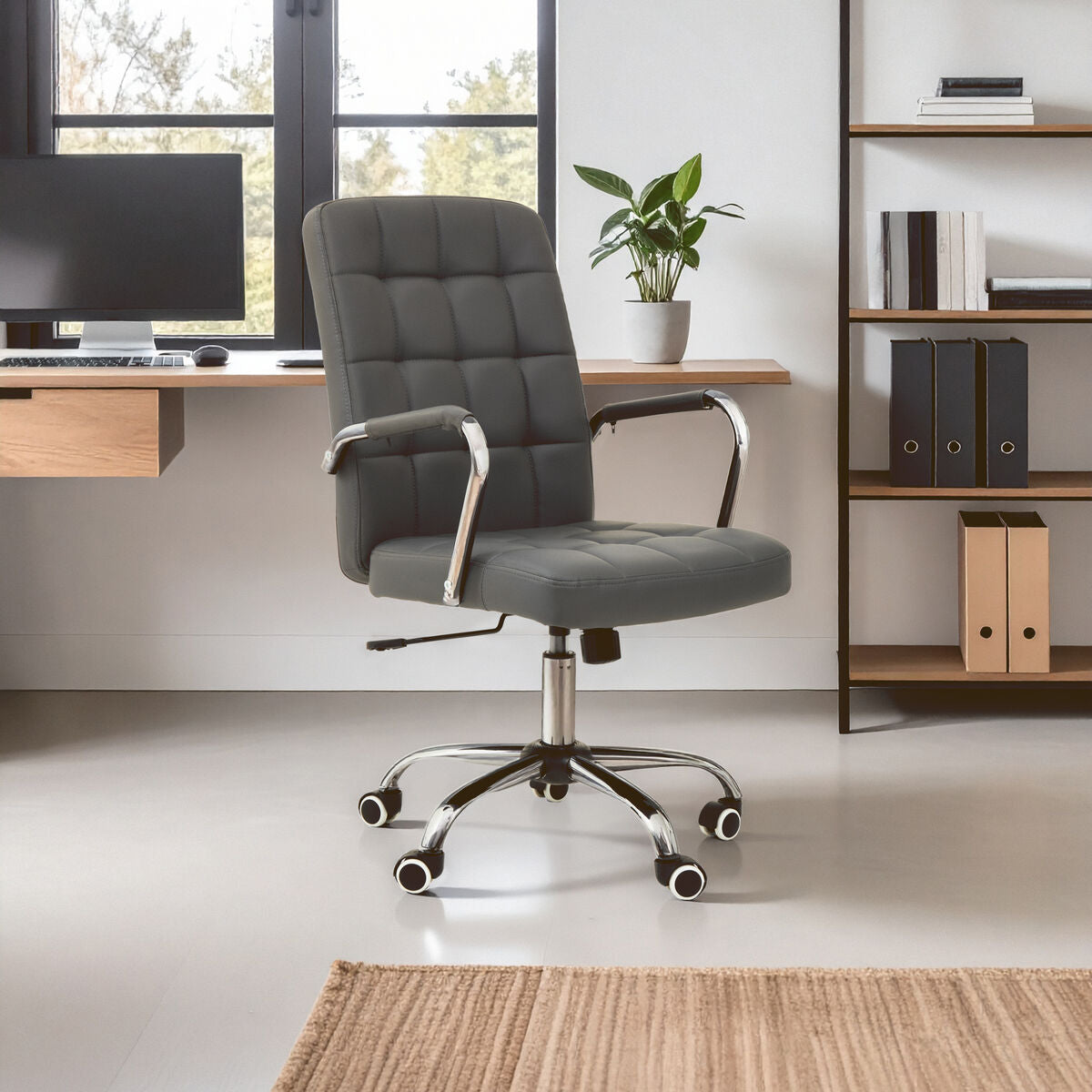 Grey Leather Effect and Chrome Home Office Chair | Brent