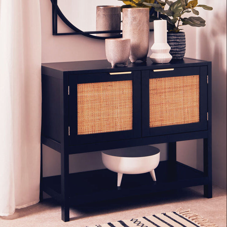 Black Wood and Rattan Two Door Side Cabinet | Sherman