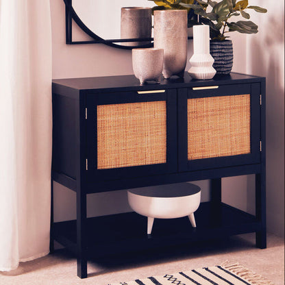 Black Wood and Rattan Two Door Side Cabinet | Sherman