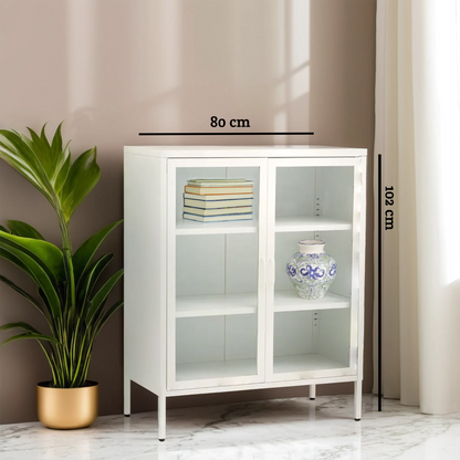 Acier White Metal and Glass Two Door Cabinet