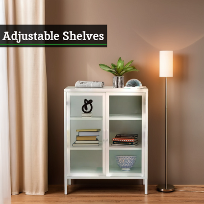 Acier White Metal and Glass Two Door Cabinet