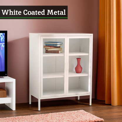 Acier White Metal and Glass Two Door Cabinet