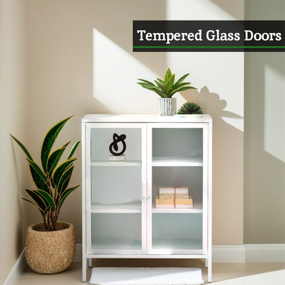 Acier White Metal and Glass Two Door Cabinet
