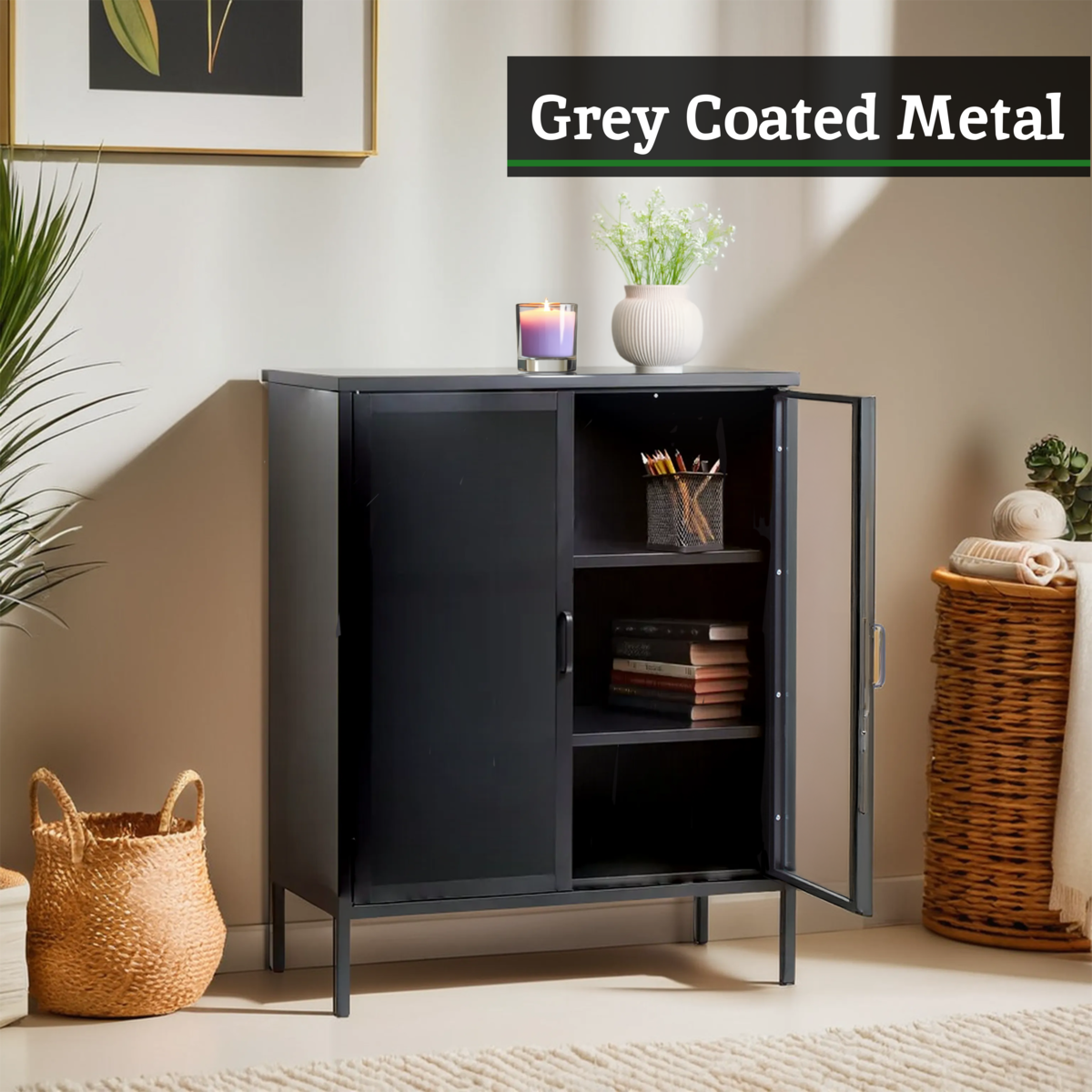 Acier Grey Metal and Glass Two Door Cabinet