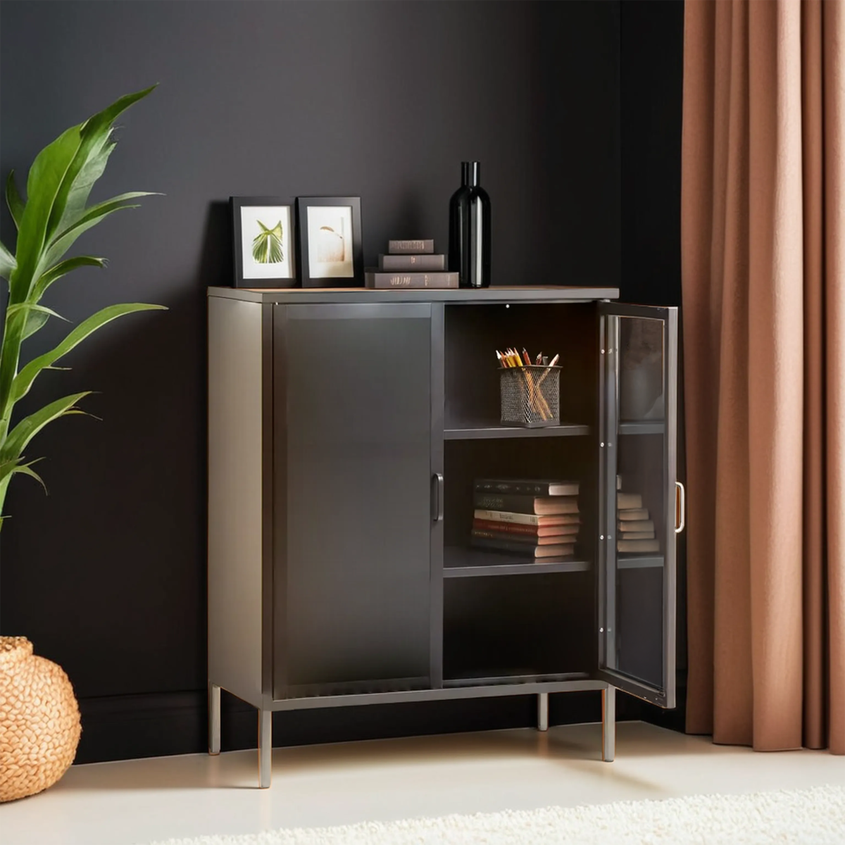 Acier Grey Metal and Glass Two Door Cabinet