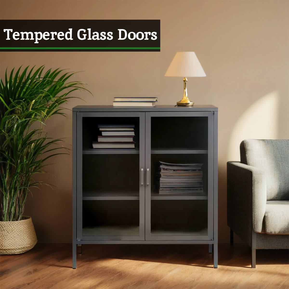 Acier Grey Metal and Glass Two Door Cabinet