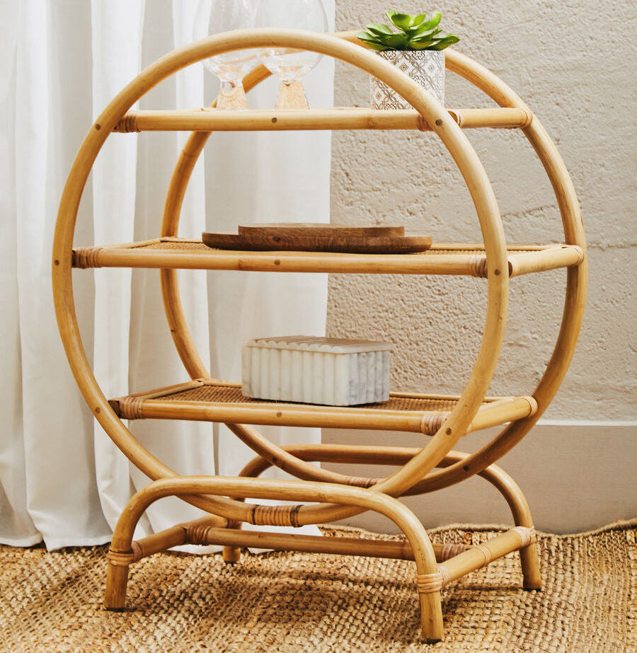 Three Tier Natural Rattan Round Shelf Unit | Mataram