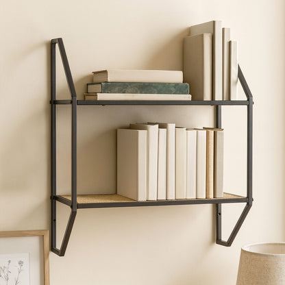 Depok Natural Rattan and Black Finish Metal 2 Tier Wall Shelf