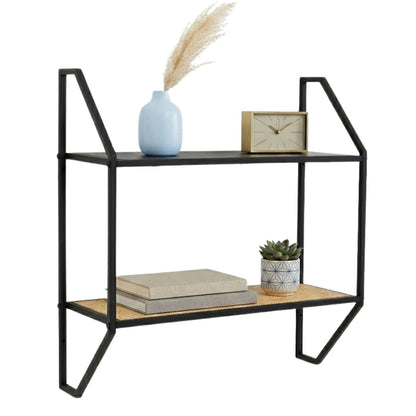 Depok Natural Rattan and Black Finish Metal 2 Tier Wall Shelf