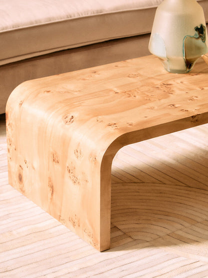 Natural Burl Wood Curved Coffee Table with Smooth Curved Edges | Mota