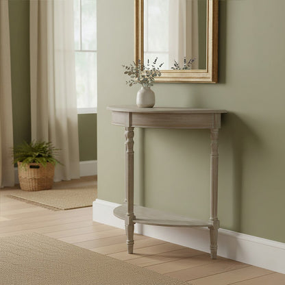Heritage Natural Wash Wooden Half Moon Console Table with Lower Shelf