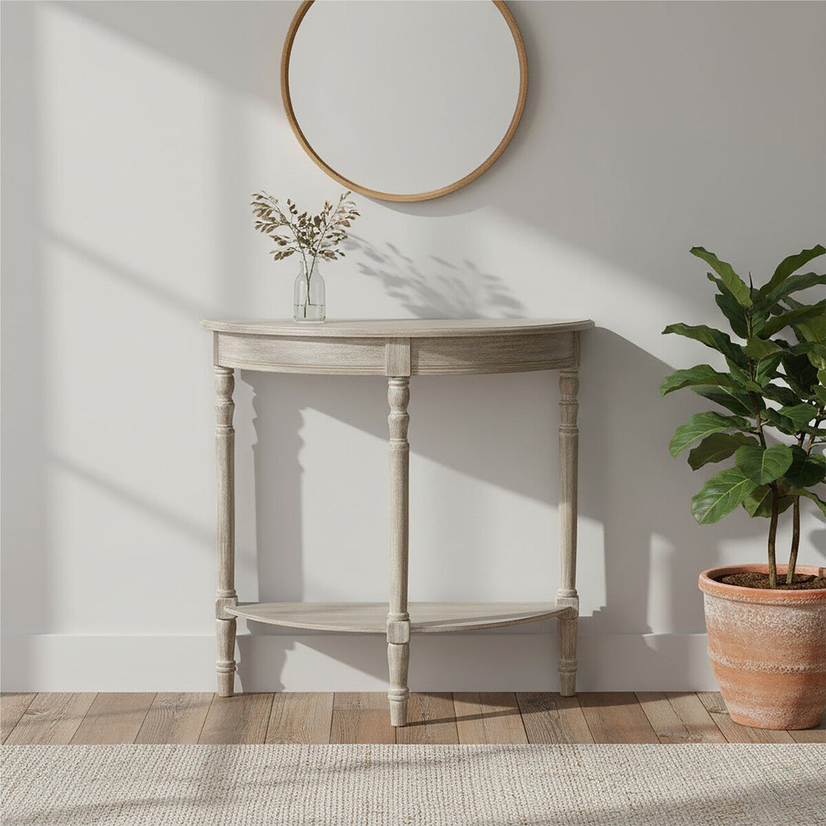 Heritage Natural Wash Wooden Half Moon Console Table with Lower Shelf