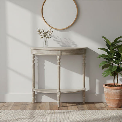 Heritage Natural Wash Wooden Half Moon Console Table with Lower Shelf