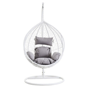 Goa White Rattan Effect Hanging Chair With Grey Cushions