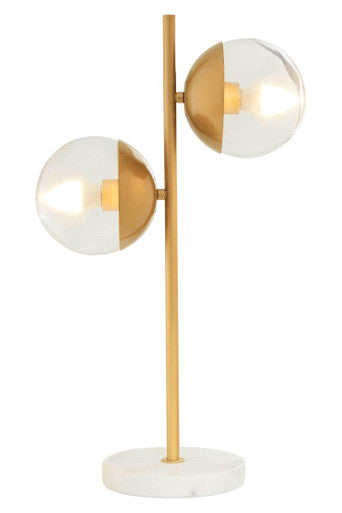 Two Light Gold Finish Table Lamp With White Marble Base