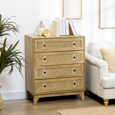 Rattan Chest of Drawers 4-Drawer Dresser Storage Cabinet Bedroom, Wood Effect