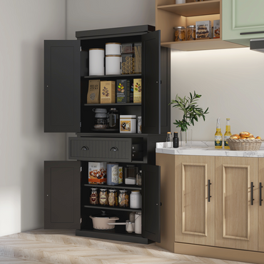 Freestanding Kitchen Storage Cabinet W/ Drawers Cupboards Shelves Home Black