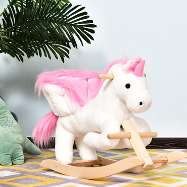 Kids Wooden Ride On Unicorn Rocking Horse Plush Toy Soft Seat Pink HOMCOM