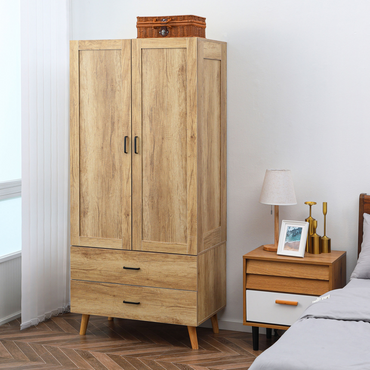 2 Door Wardrobe, Modern Wardrobe w/ 2 Drawer, Hanging Rail for Bedroom Natural