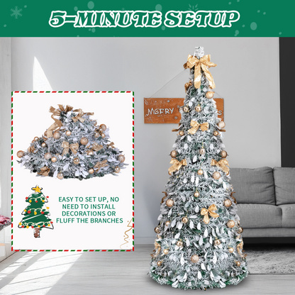 6 FT Snow Flocked Pre-lit Artificial Pop Up Christmas Tree with 100 Warm Lights and Golden Ornaments for Home Office Store Holiday Deco, Snowy Green