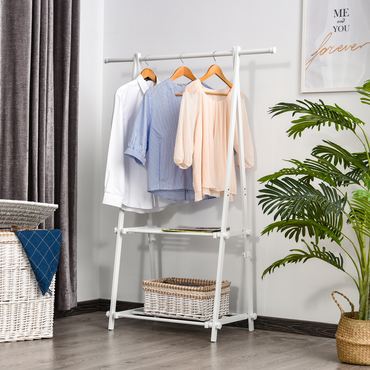 Steel Freestanding Clothes Rail w/ 2 Shelves White
