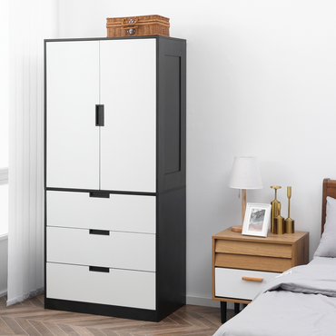 2 Door Wardrobe Modern Wardrobe with 3 Drawer and Hanging Rod for Bedroom White