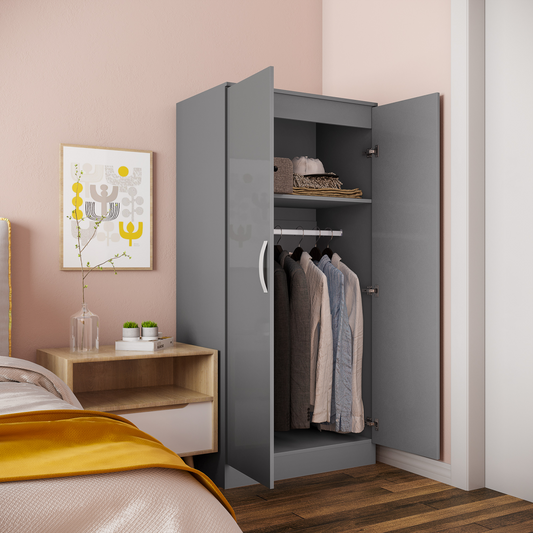 Aurora Modern Wardrobe Closet, Clothes Cabinet with High Glossing Door, Grey