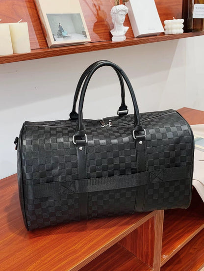 Luxury Black Checkered Duffel Bag with Shoulder Strap