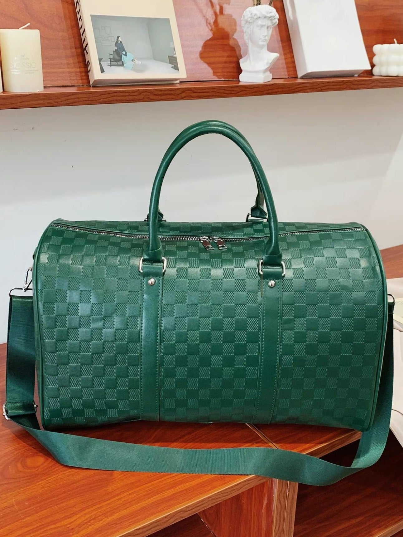 Luxury Black Checkered Duffel Bag with Shoulder Strap