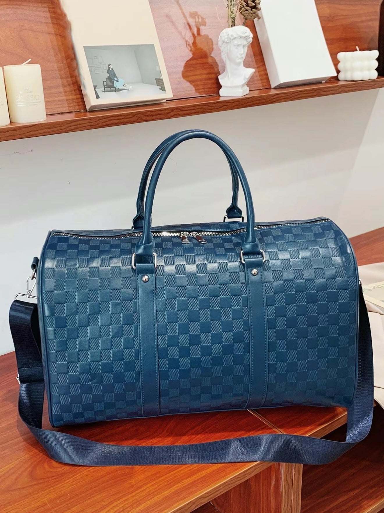 Luxury Black Checkered Duffel Bag with Shoulder Strap
