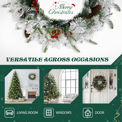 2 Pack 18in Pre-lit Snow Flocked Christmas Wreath, Lighted Artificial Xmas Wreath with 60 Warm Lights and 140 Tips and Red Berries Pine Cones, for Front Door Gate Wall Xmas Party Decorations