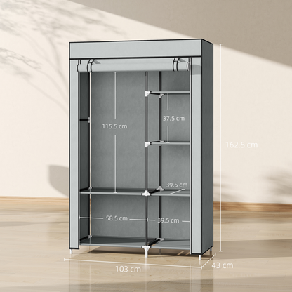Fabric Wardrobe Portable Wardrobe with 6 Shelves 1 Hanging Rail Light Grey