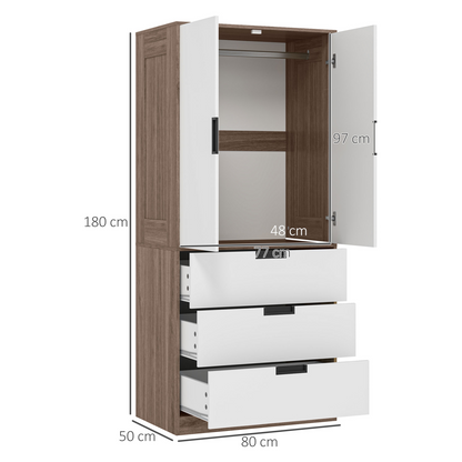 Aurora 2 Door Wardrobe Brown Wardrobe with 3 Drawer and Hanging Rod Brown