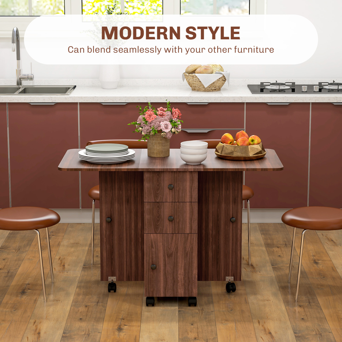 HOMCOM Folding Dining Table, Drop Leaf Table With Drawers Distressed Brown