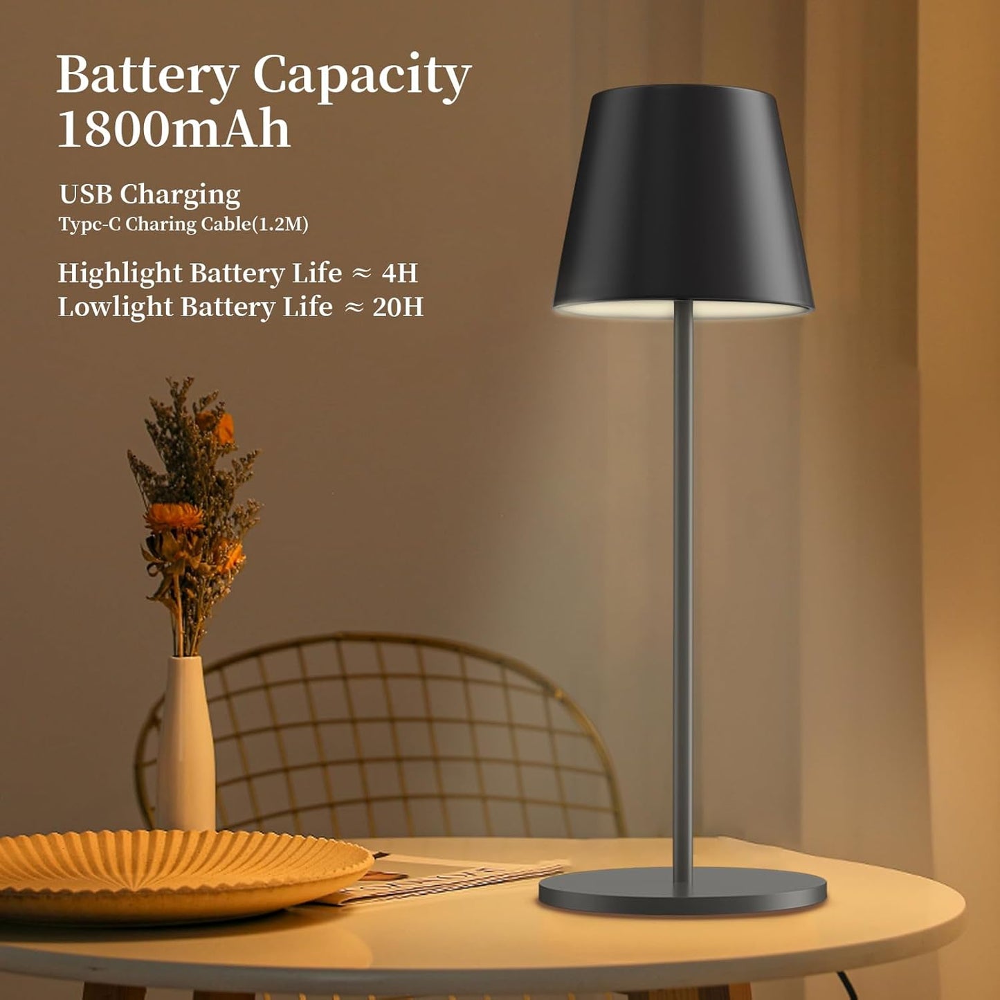 Rechargeable Table Lamp 2 Pack Dimmable 3000K Cordless Black Trayvespace