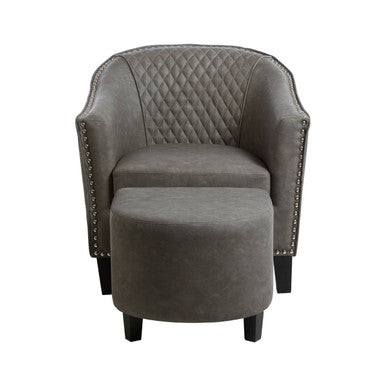 Derby Grey Faux Leather Tub Chair and Footstool with Stud Detail