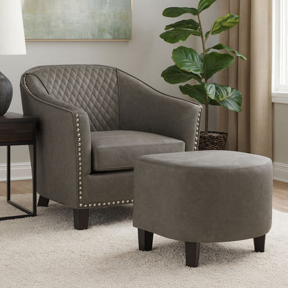 Derby Grey Faux Leather Tub Chair and Footstool with Stud Detail