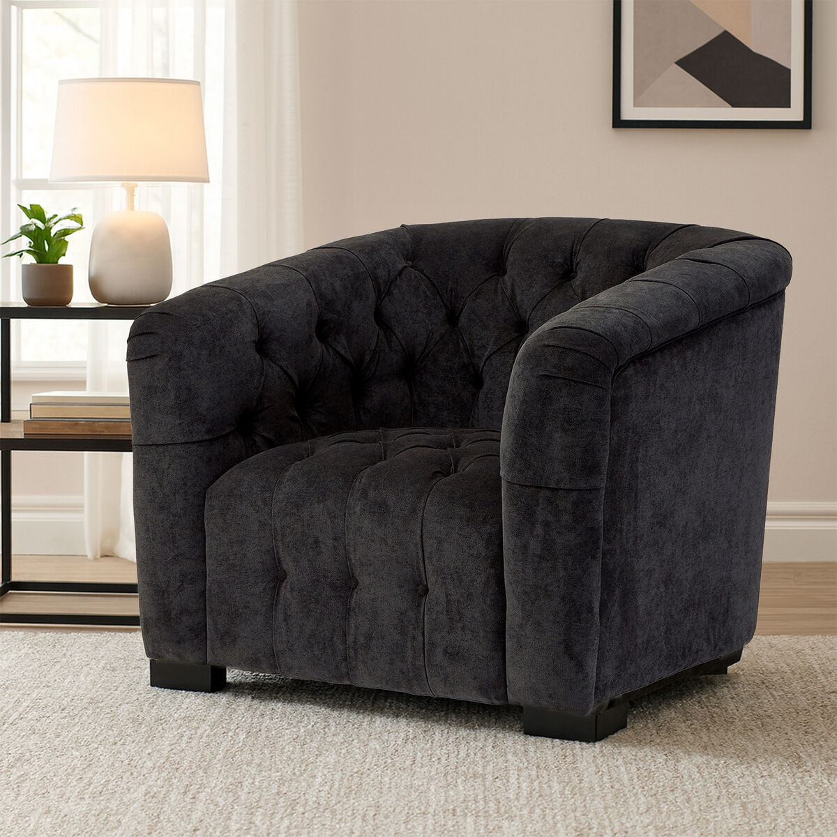 Fenton Black Fabric Armchair with Button Tufted Detail