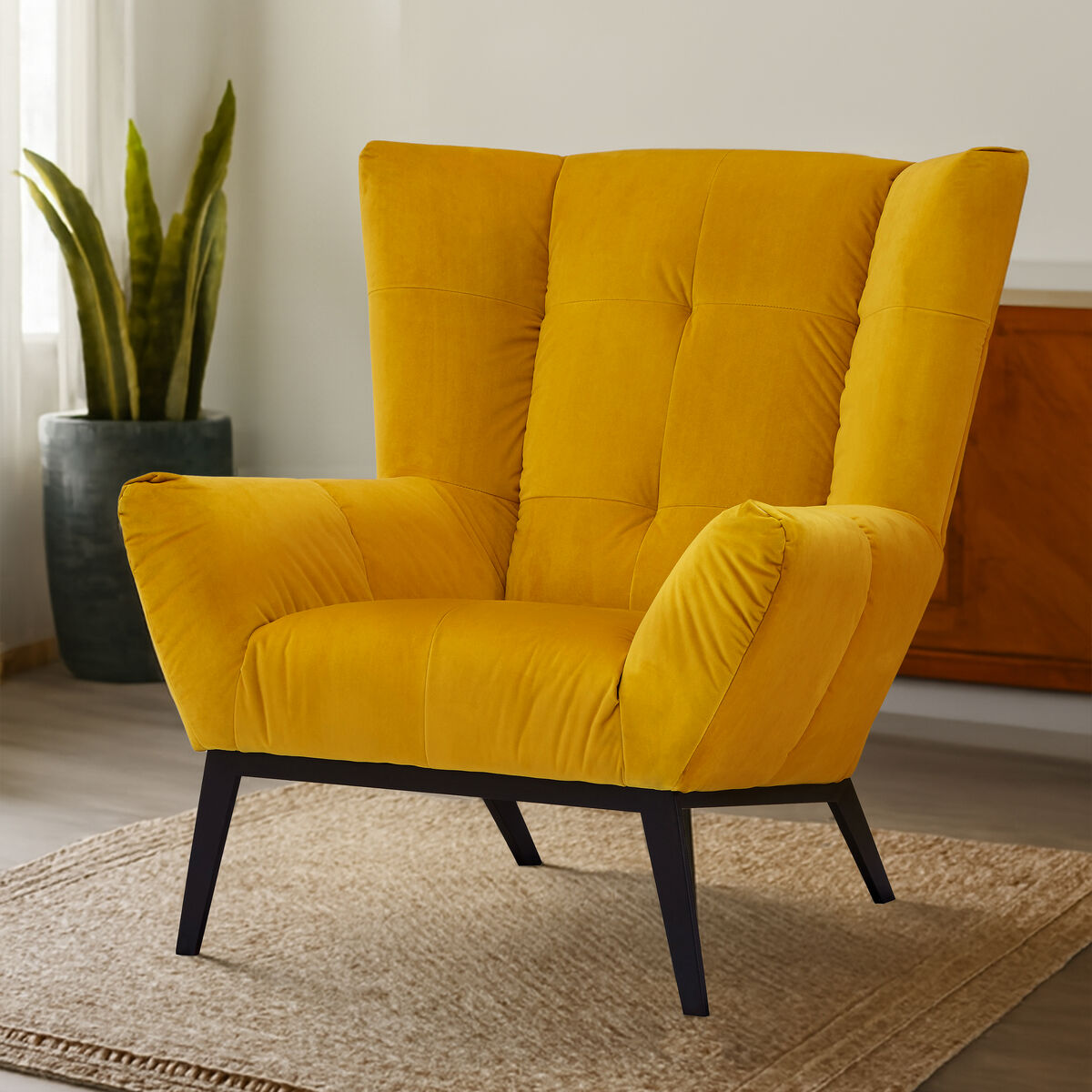 Maiko Yellow Fabric Armchair with Stitched Detail
