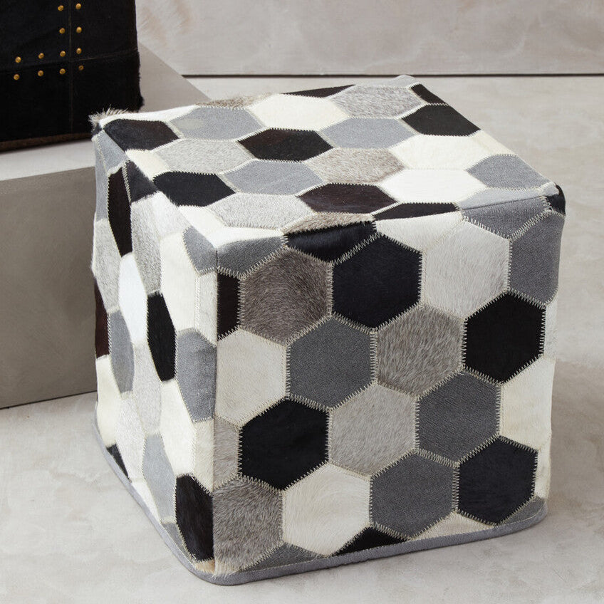 Safira Grey Leather Patchwork Pouffe