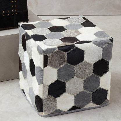 Safira Grey Leather Patchwork Pouffe