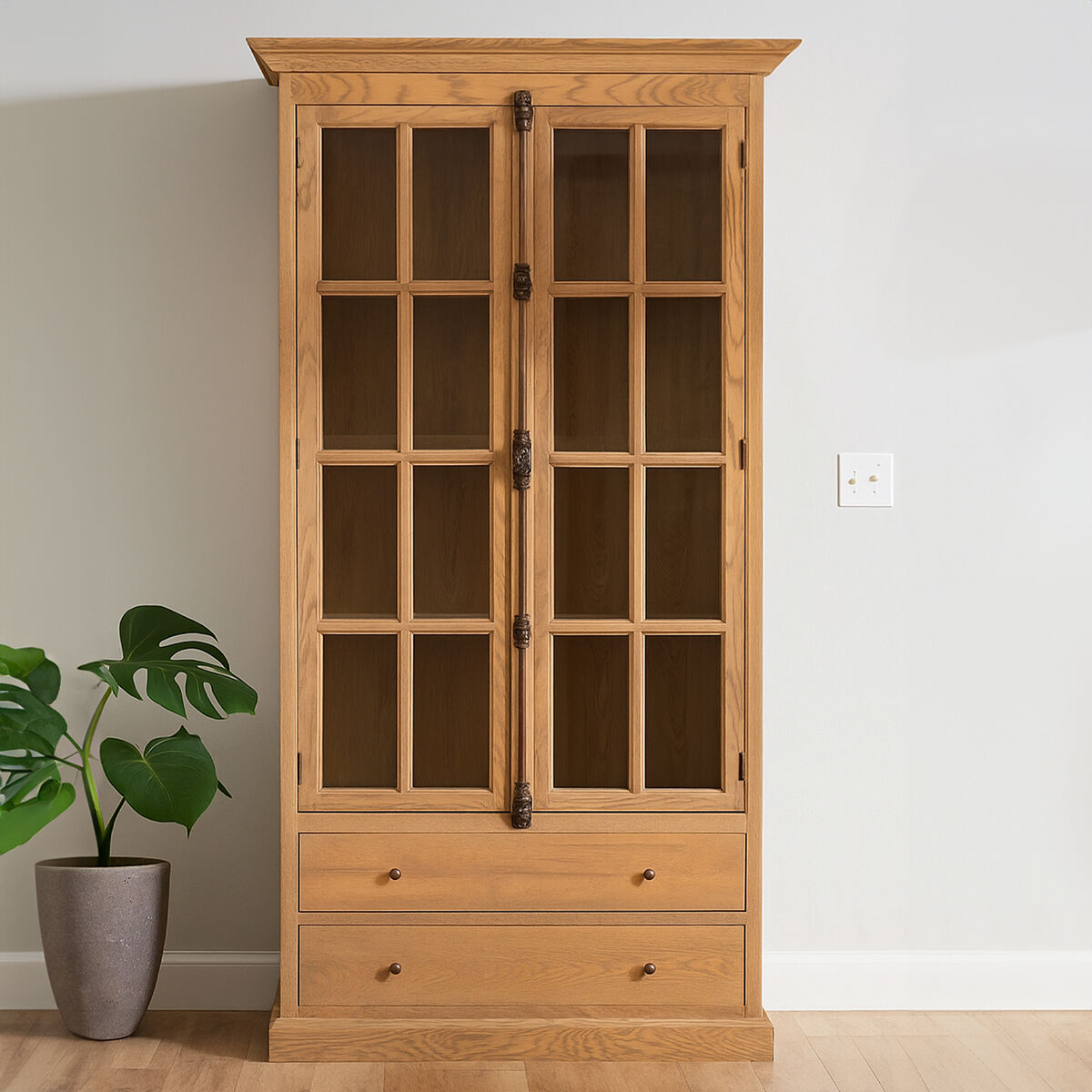 Washed Grey Finish Oak Wood Tall Cabinet | Lyon