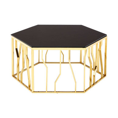 Alvaro Gold Stainless Steel Hexagonal Coffee Table with Black Glass Top