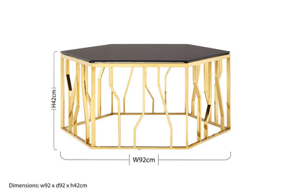 Alvaro Gold Stainless Steel Hexagonal Coffee Table with Black Glass Top