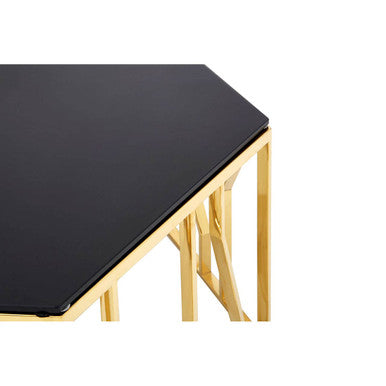 Alvaro Gold Stainless Steel Hexagonal Coffee Table with Black Glass Top