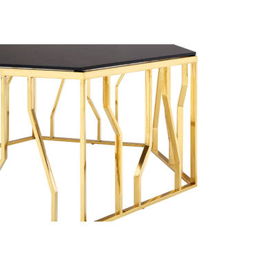 Alvaro Gold Stainless Steel Hexagonal Coffee Table with Black Glass Top
